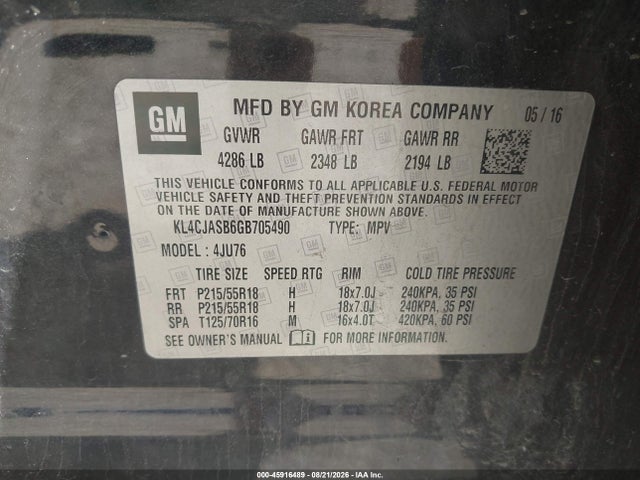 45916489 :رقم المزاد ، KL4CJASB6GB705490 vin ، 2016 Buick Encore مزاد بيع