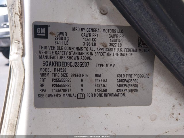 2012 Buick Enclave Premium მანქანა იყიდება აუქციონზე, vin: 5GAKRDED9CJ235997, აუქციონის ნომერი: 45916498