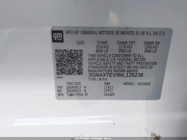 Продажа на аукционе авто 2022 Chevrolet Equinox Awd 2fl, vin: 3GNAXTEV5NL135238, номер лота: 45916503