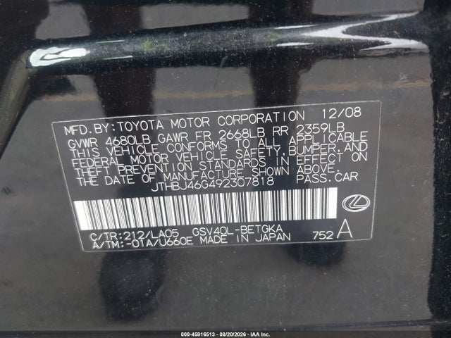 2009 Lexus Es 350 მანქანა იყიდება აუქციონზე, vin: JTHBJ46G492307818, აუქციონის ნომერი: 45916513