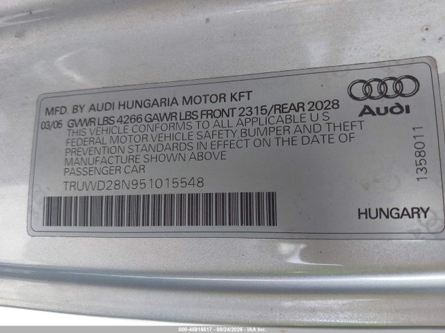 Продажа на аукционе авто 2005 Audi Tt 3.2l, vin: TRUWD28N951015548, номер лота: 45916517