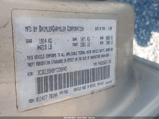 Aukcja sprzedaży 2000 Chrysler Sebring Jxi, vin: 3C3EL55H9YT239042, numer aukcji: 45916527
