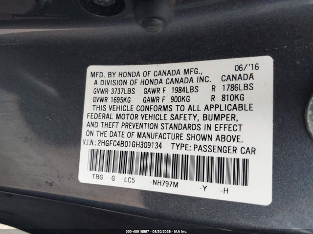 Продажа на аукционе авто 2016 Honda Civic Lx-p, vin: 2HGFC4B01GH309134, номер лота: 45916557
