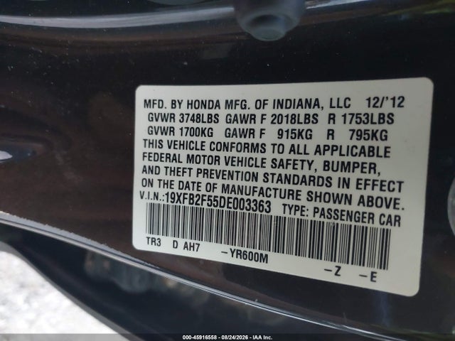2013 Honda Civic Lx მანქანა იყიდება აუქციონზე, vin: 19XFB2F55DE003363, აუქციონის ნომერი: 45916558