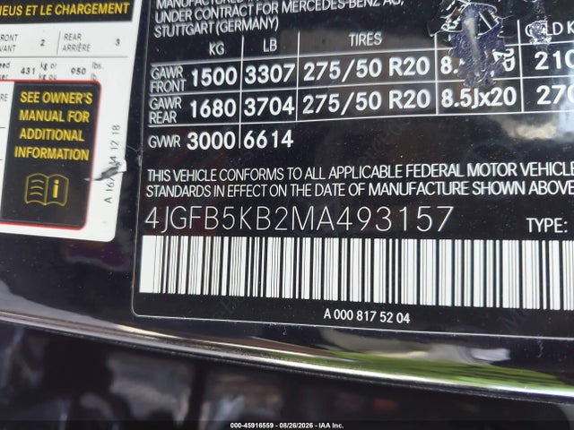 45916559 :رقم المزاد ، 4JGFB5KB2MA493157 vin ، 2021 Mercedes-benz Gle 450 4matic مزاد بيع