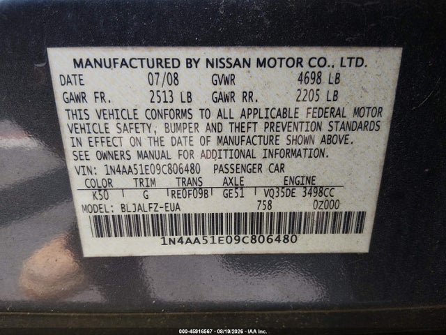 Продаж на аукціоні авто 2009 Nissan Maxima 3.5 Sv, vin: 1N4AA51E09C806480, номер лоту: 45916567