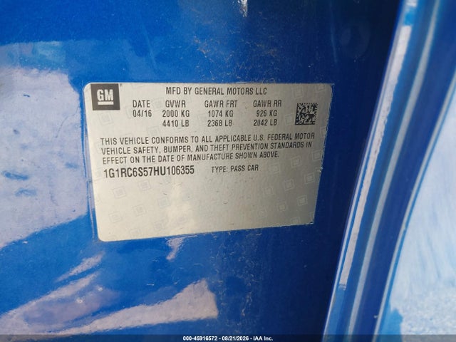 Продаж на аукціоні авто 2017 Chevrolet Volt Lt, vin: 1G1RC6S57HU106355, номер лоту: 45916572