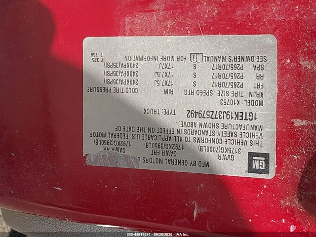 Aukcja sprzedaży 2007 Gmc Sierra 1500 Slt, vin: 1GTEK19J37Z579492, numer aukcji: 45916581