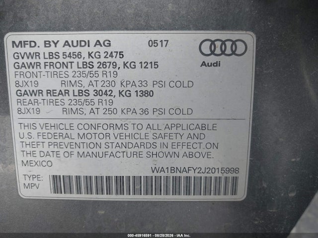 Продажа на аукционе авто 2018 Audi Q5 2.0t Premium/2.0t Tech Premium, vin: WA1BNAFY2J2015998, номер лота: 45916591