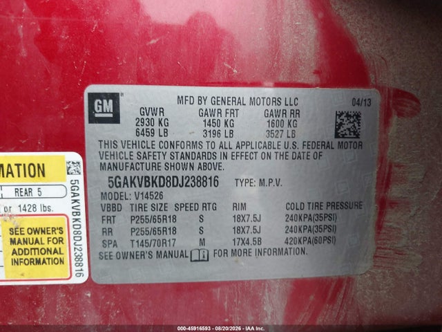 45916593 :رقم المزاد ، 5GAKVBKD8DJ238816 vin ، 2013 Buick Enclave Convenience مزاد بيع