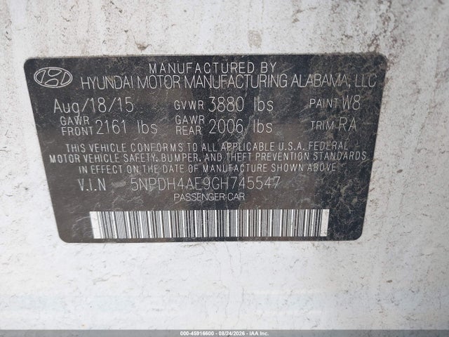 45916600 :رقم المزاد ، 5NPDH4AE9GH745547 vin ، 2016 Hyundai Elantra Se مزاد بيع