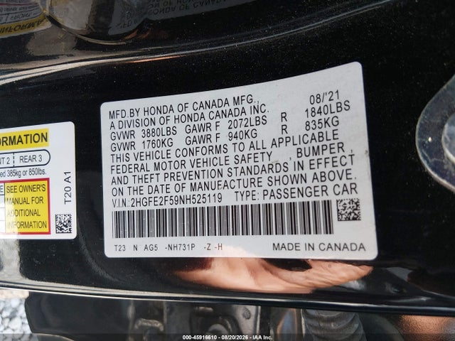 Продажа на аукционе авто 2022 Honda Civic Sport, vin: 2HGFE2F59NH525119, номер лота: 45916610