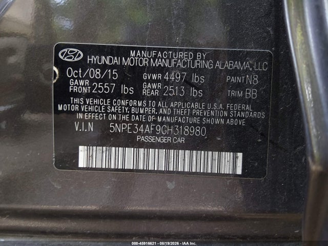 Aukcja sprzedaży 2016 Hyundai Sonata Limited, vin: 5NPE34AF9GH318980, numer aukcji: 45916621