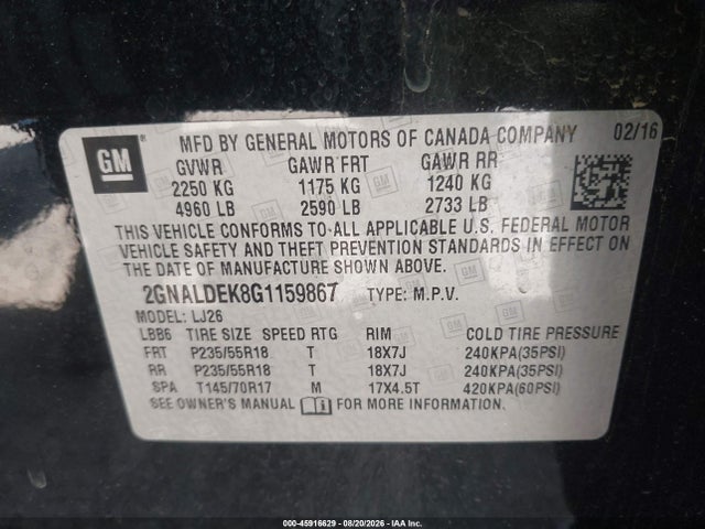 Chevrolet Equinox Ltz 2016 2GNALDEK8G1159867 Image 9