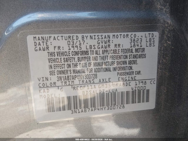 45916632 :رقم المزاد ، 3N1AB7AP4HY300728 vin ، 2017 Nissan Sentra Sv مزاد بيع