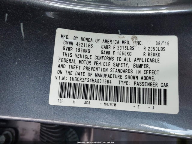 Продаж на аукціоні авто 2017 Honda Accord Sport, vin: 1HGCR2F54HA031664, номер лоту: 45916635