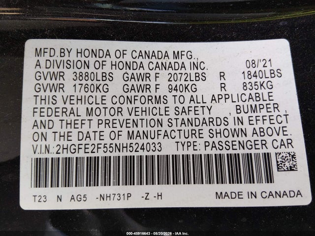 Aukcja sprzedaży 2022 Honda Civic Sport, vin: 2HGFE2F55NH524033, numer aukcji: 45916643