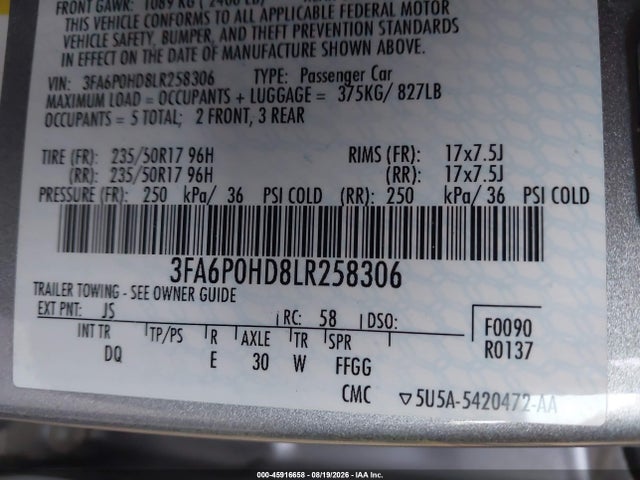 Продажа на аукционе авто 2020 Ford Fusion Se, vin: 3FA6P0HD8LR258306, номер лота: 45916658