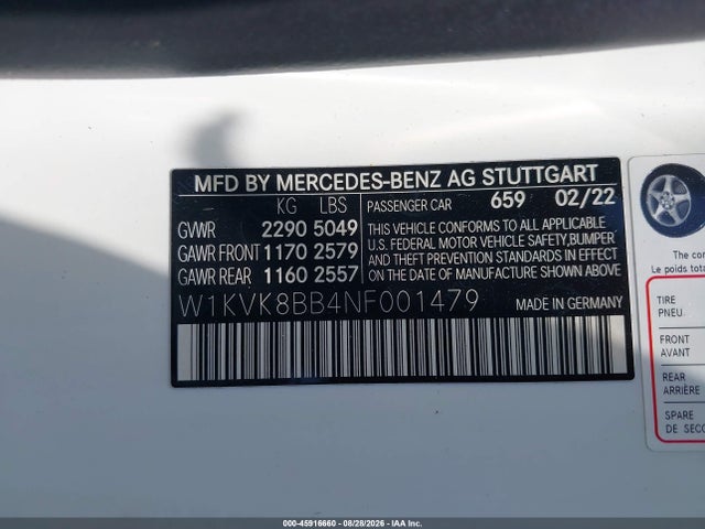 45916660 :رقم المزاد ، W1KVK8BB4NF001479 vin ، 2022 Mercedes-benz Amg Sl 63 4matic مزاد بيع