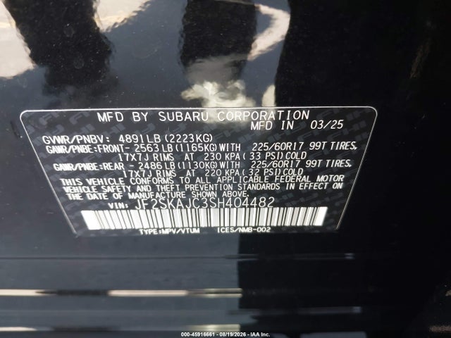 Продаж на аукціоні авто 2025 Subaru Forester Wilderness, vin: JF2SKAJC3SH404482, номер лоту: 45916661