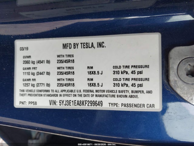 Продажа на аукционе авто 2019 Tesla Model 3 Long Range/mid Range/standard Range/standard Range Plus, vin: 5YJ3E1EA8KF299649, номер лота: 45916671