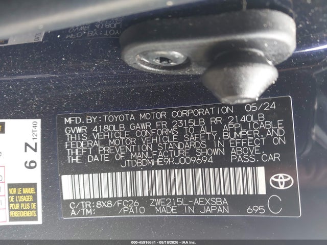 Aukcja sprzedaży 2024 Toyota Corolla Hybrid Se, vin: JTDBDMHE9RJ009694, numer aukcji: 45916681
