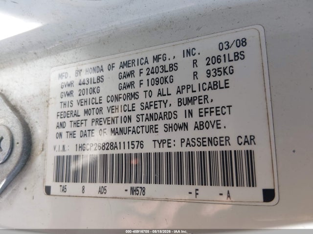 45916705 :رقم المزاد ، 1HGCP26828A111576 vin ، 2008 Honda Accord 2.4 Ex-l مزاد بيع