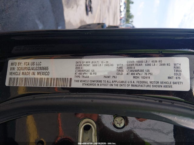45916709 :رقم المزاد ، 3C6UR5DJ4LG280665 vin ، 2020 Ram 2500 Big Horn  4x4 6'4 Box مزاد بيع