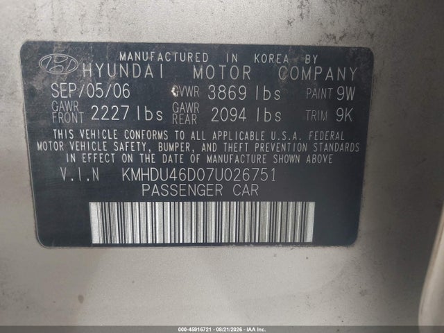 Продажа на аукционе авто 2007 Hyundai Elantra Gls/ltd/se, vin: KMHDU46D07U026751, номер лота: 45916721