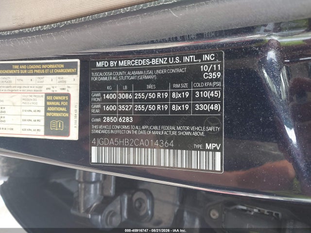 45916747 :رقم المزاد ، 4JGDA5HB2CA014364 vin ، 2012 Mercedes-benz Ml 350 4matic مزاد بيع