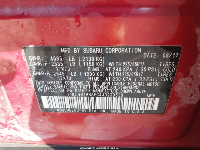 Subaru Outback 2.5i Premium 2018 4S4BSAFC4J3239539 Image 9