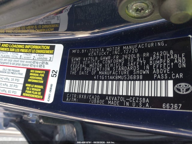 2021 Toyota Camry Se მანქანა იყიდება აუქციონზე, vin: 4T1G11AK8MU536898, აუქციონის ნომერი: 45916761