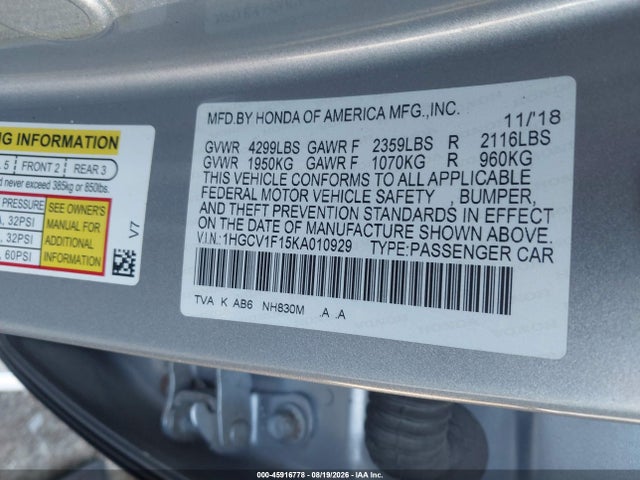 Aukcja sprzedaży 2019 Honda Accord Lx, vin: 1HGCV1F15KA010929, numer aukcji: 45916778