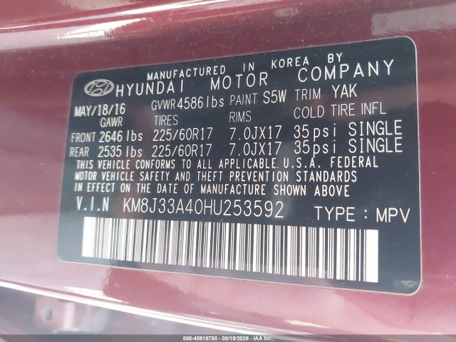 Aukcja sprzedaży 2017 Hyundai Tucson Se, vin: KM8J33A40HU253592, numer aukcji: 45916780