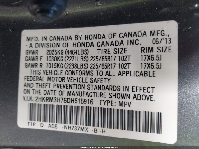 45916807 :رقم المزاد ، 2HKRM3H76DH515916 vin ، 2013 Honda Cr-v Ex-l مزاد بيع