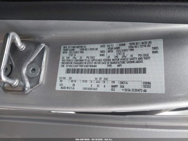 45916808 :رقم المزاد ، 1FMCU0F76FUB78949 vin ، 2015 Ford Escape S مزاد بيع