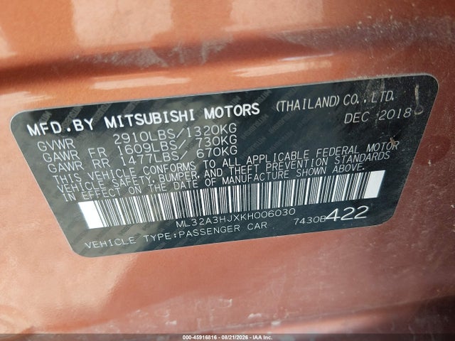 Aukcja sprzedaży 2019 Mitsubishi Mirage Es, vin: ML32A3HJXKH006030, numer aukcji: 45916816