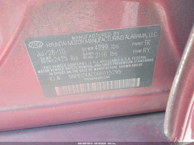 Продажа на аукционе авто 2011 Hyundai Sonata Se, vin: 5NPEC4AC0BH115295, номер лота: 45916818