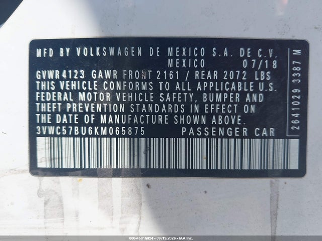 Продажа на аукционе авто 2019 Volkswagen Jetta 1.4t R-line/1.4t S/1.4t Se, vin: 3VWC57BU6KM065875, номер лота: 45916824
