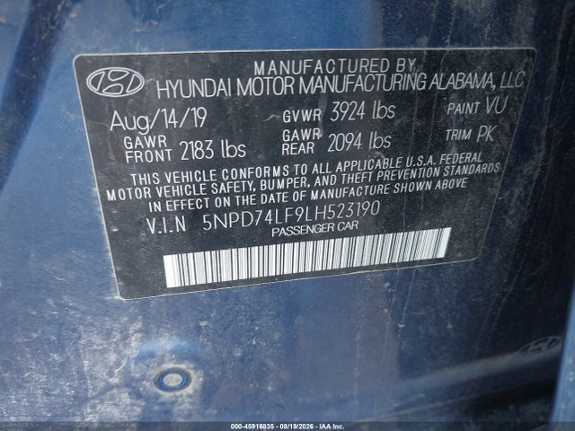 Продаж на аукціоні авто 2020 Hyundai Elantra Se, vin: 5NPD74LF9LH523190, номер лоту: 45916835