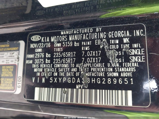 Продажа на аукционе авто 2017 Kia Sorento 2.4l Lx, vin: 5XYPGDA33HG289651, номер лота: 45916836