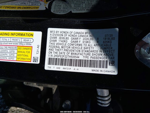 2026 Honda Civic Lx მანქანა იყიდება აუქციონზე, vin: 2HGFE2F22TH506544, აუქციონის ნომერი: 45916846
