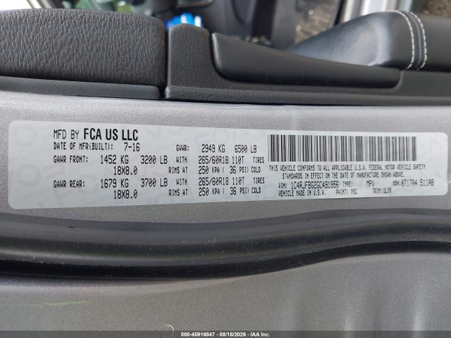 2016 Jeep Grand Cherokee Limited მანქანა იყიდება აუქციონზე, vin: 1C4RJFBG2GC491956, აუქციონის ნომერი: 45916847