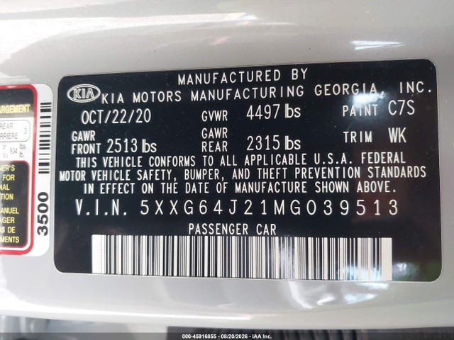 2021 Kia K5 Gt-line მანქანა იყიდება აუქციონზე, vin: 5XXG64J21MG039513, აუქციონის ნომერი: 45916855