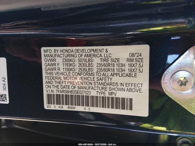 45916864 :رقم المزاد ، 7FARS6H83SE027023 vin ، 2025 Honda Cr-v Hybrid Sport-l مزاد بيع