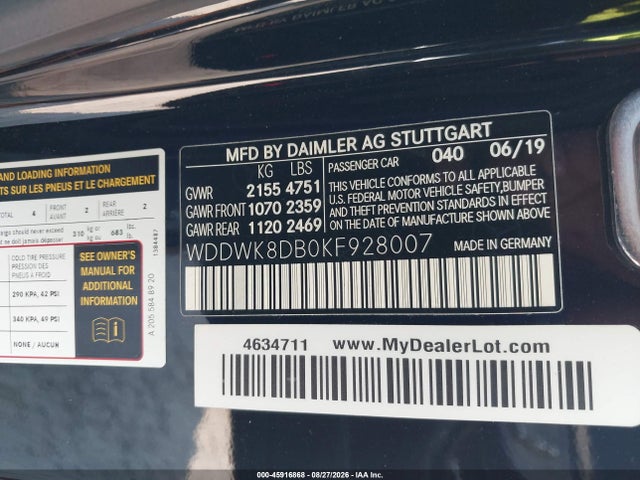 45916868 :رقم المزاد ، WDDWK8DB0KF928007 vin ، 2019 Mercedes-benz C 300 مزاد بيع