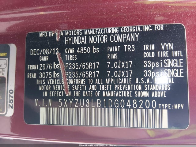 2013 Hyundai Santa Fe Sport მანქანა იყიდება აუქციონზე, vin: 5XYZU3LB1DG048200, აუქციონის ნომერი: 45916878