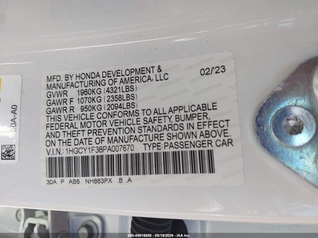 Продаж на аукціоні авто 2023 Honda Accord Ex, vin: 1HGCY1F38PA007670, номер лоту: 45916898