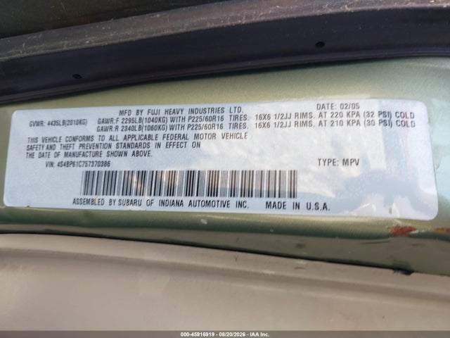 Продаж на аукціоні авто 2005 Subaru Outback 2.5i, vin: 4S4BP61C757370386, номер лоту: 45916919