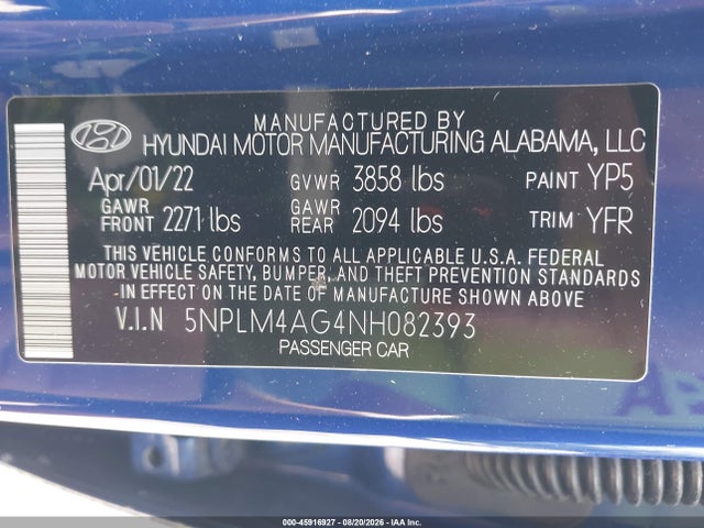 Продаж на аукціоні авто 2022 Hyundai Elantra Sel, vin: 5NPLM4AG4NH082393, номер лоту: 45916927